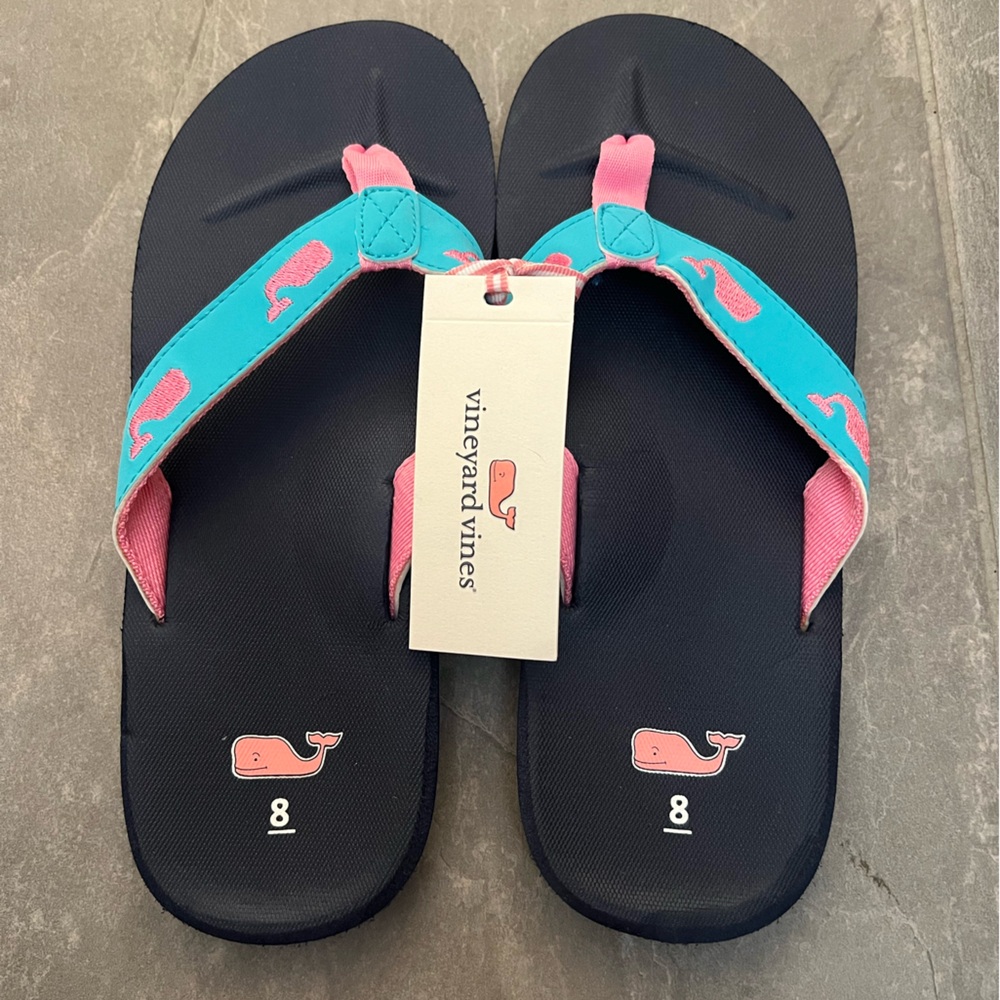 Vineyard Vines Navy Flip Flops with Pink and Teal Accents